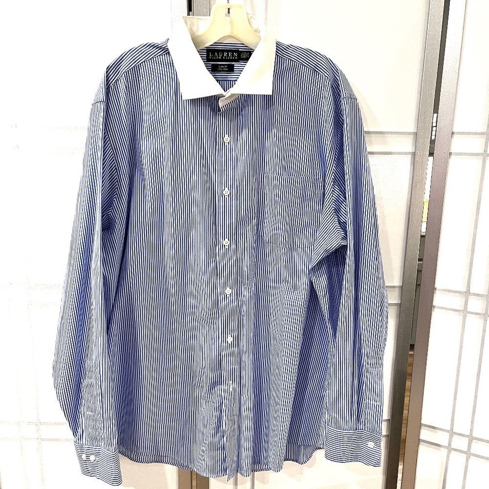 Lauren Ralph Lauren Men's Slim Fit Blue Stripe Long Sleeve Dress Shirt